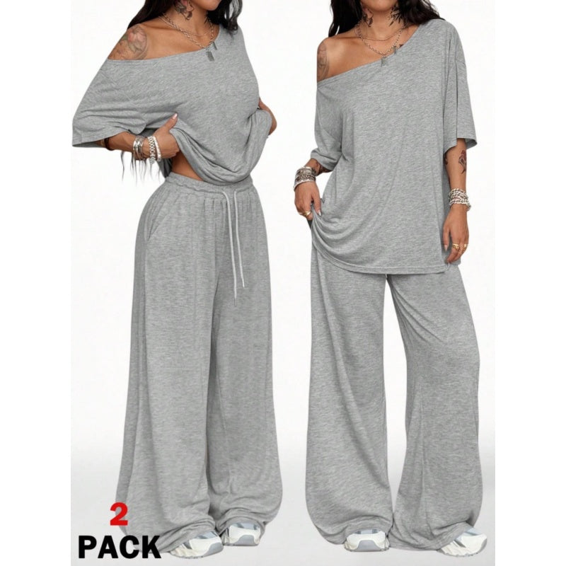 Women's Casua Off Shoulder T-Shirt & Wide Leg Pants Set