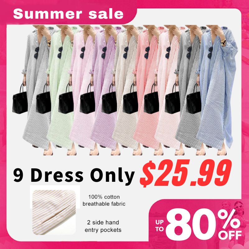 🏆 Summer sale: 80% OFF! 🔥Women's Casual Striped Cotton Maxi Shirt Dress