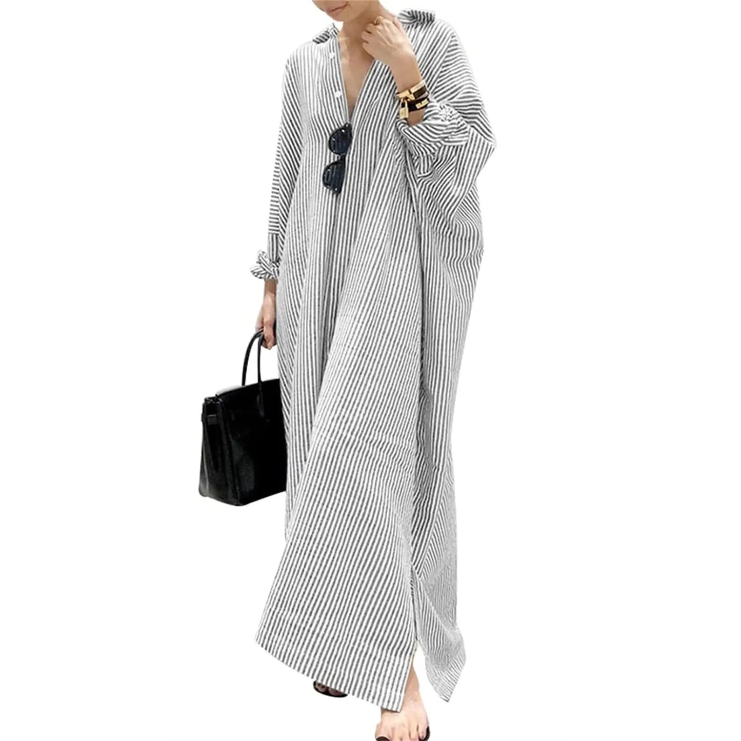 🏆 Summer sale: 80% OFF! 🔥Women's Casual Striped Cotton Maxi Shirt Dress