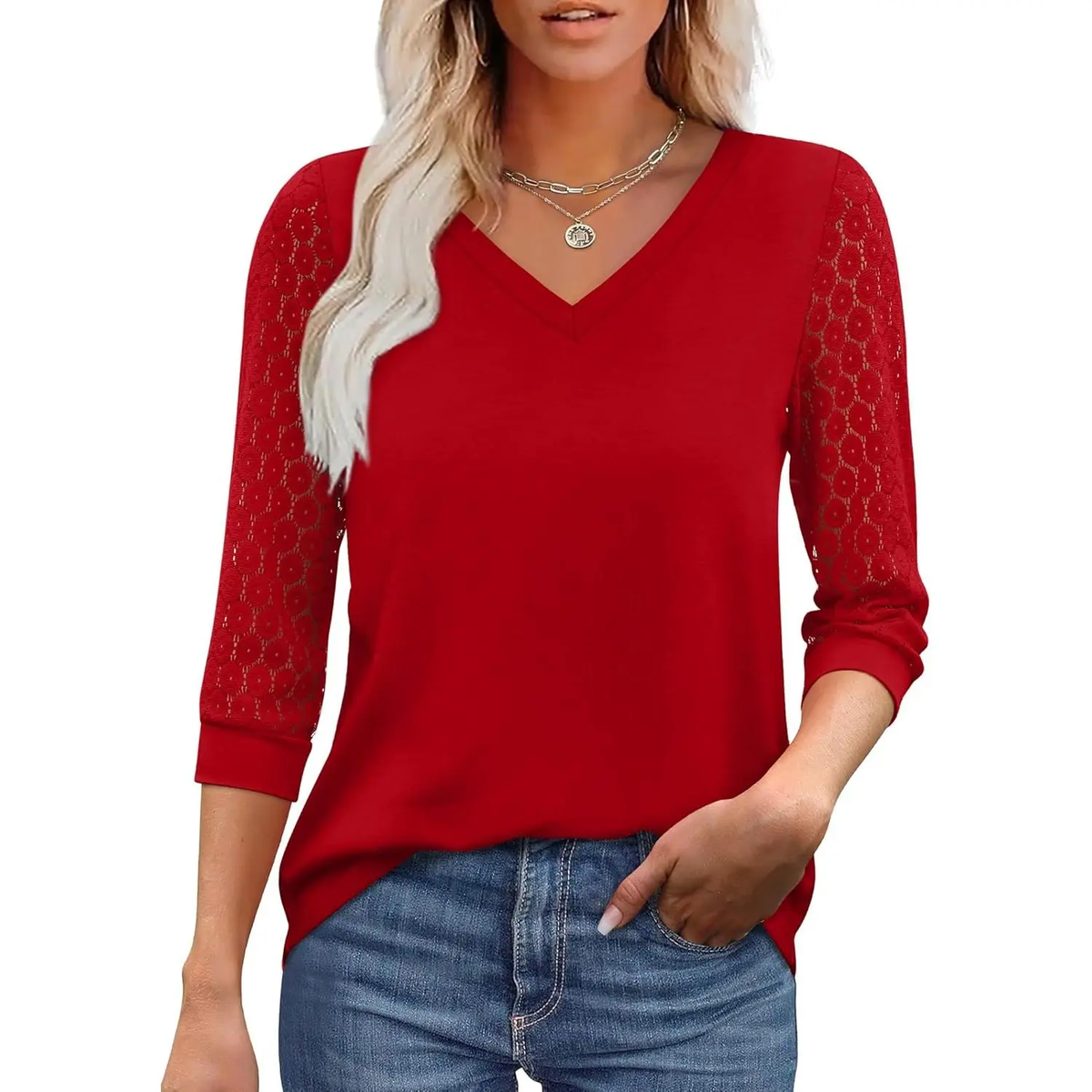 Womens Tops V-Neck Lace Tunic Tops