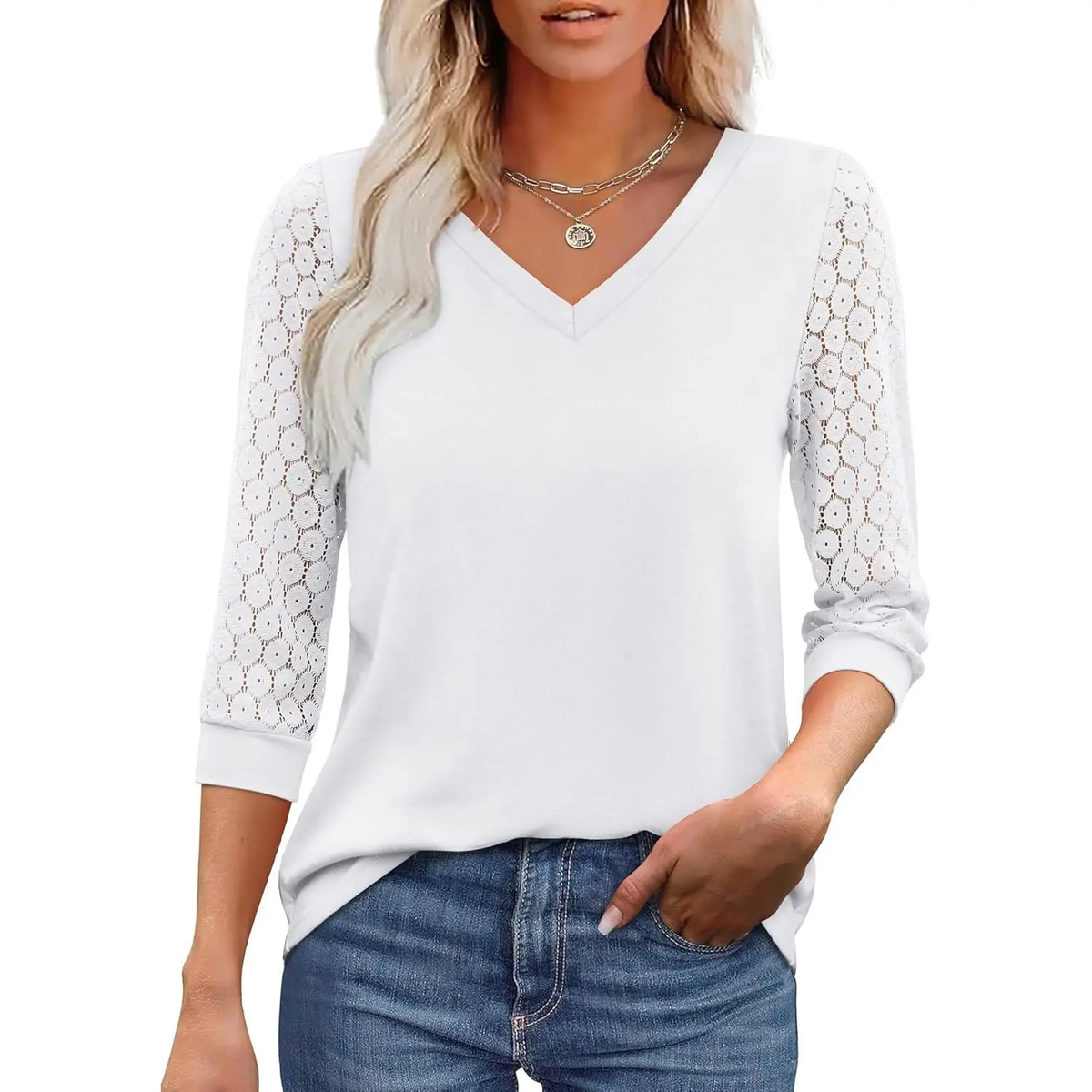 Womens Tops V-Neck Lace Tunic Tops