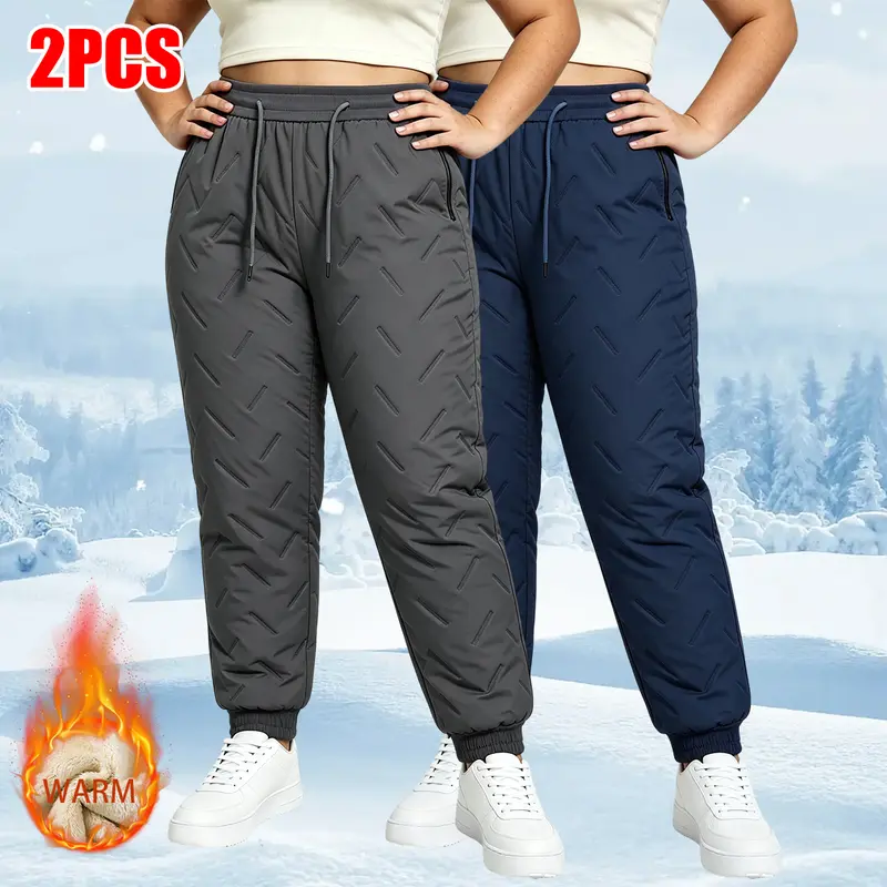 Women's Fleece-Lined Padded Winter High Waisted Pants with Zip Pockets