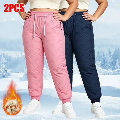 Women's Fleece-Lined Padded Winter High Waisted Pants with Zip Pockets