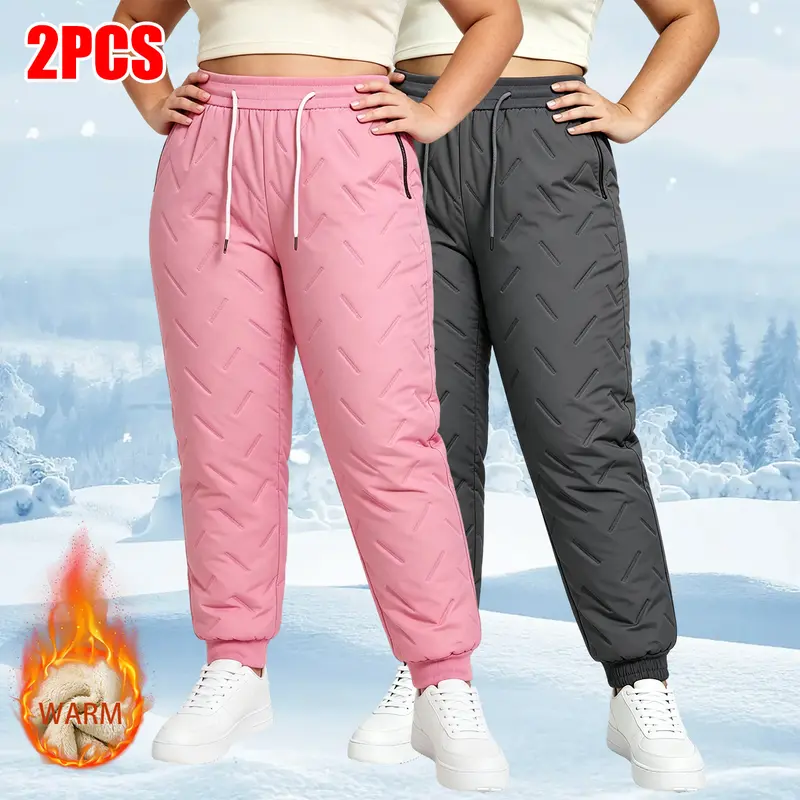Women's Fleece-Lined Padded Winter High Waisted Pants with Zip Pockets