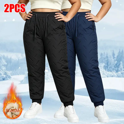 Women's Fleece-Lined Padded Winter High Waisted Pants with Zip Pockets