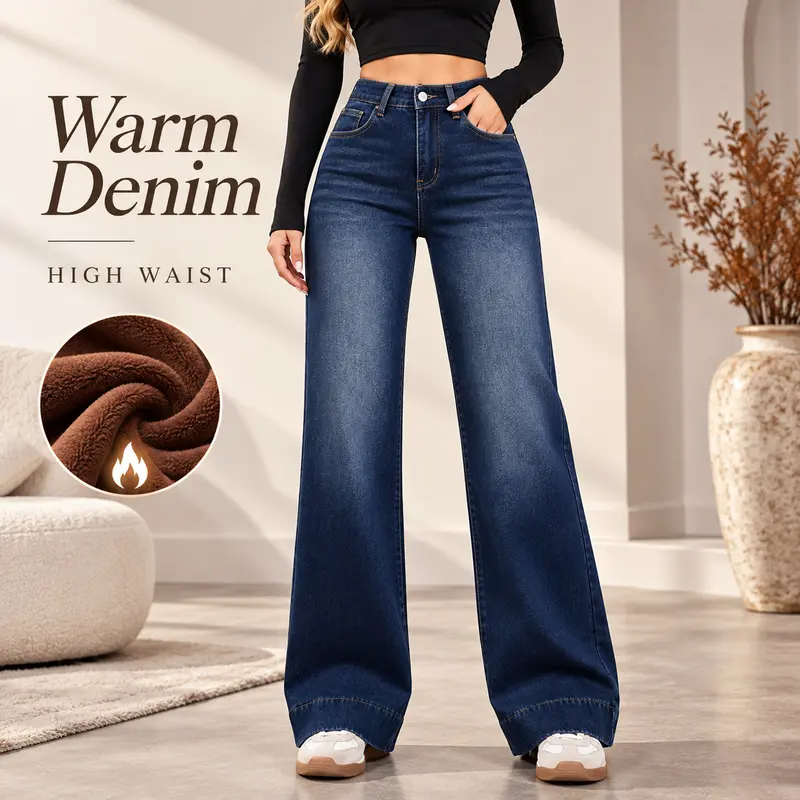 Women’s Basic Fleece-Lined High-Waisted Wide-Leg Pocketed Denim Jeans
