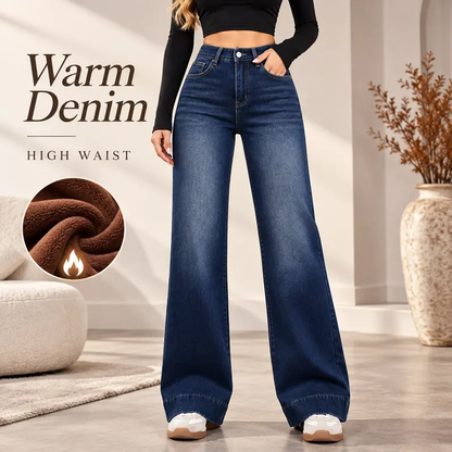 Women’s Basic Fleece-Lined High-Waisted Wide-Leg Pocketed Denim Jeans