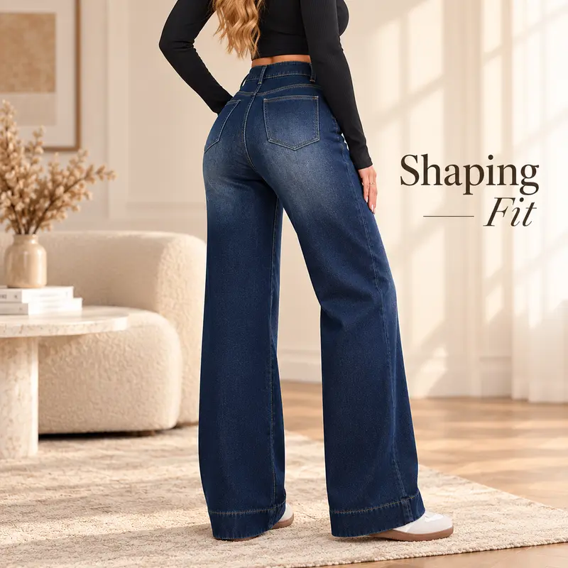 Women’s Basic Fleece-Lined High-Waisted Wide-Leg Pocketed Denim Jeans