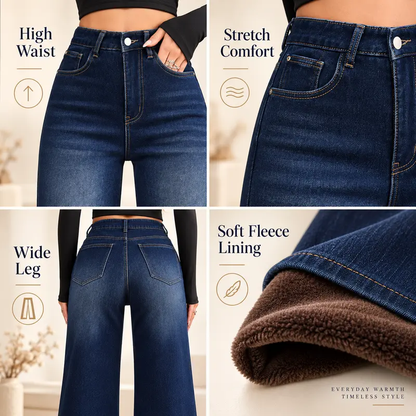 Women’s Basic Fleece-Lined High-Waisted Wide-Leg Pocketed Denim Jeans