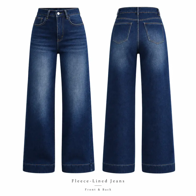 Women’s Basic Fleece-Lined High-Waisted Wide-Leg Pocketed Denim Jeans