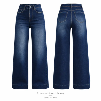 Women’s Basic Fleece-Lined High-Waisted Wide-Leg Pocketed Denim Jeans