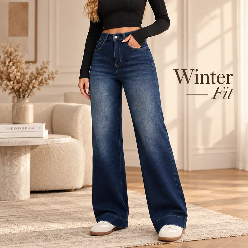 Women’s Basic Fleece-Lined High-Waisted Wide-Leg Pocketed Denim Jeans
