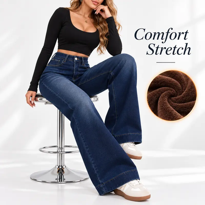 Women’s Basic Fleece-Lined High-Waisted Wide-Leg Pocketed Denim Jeans