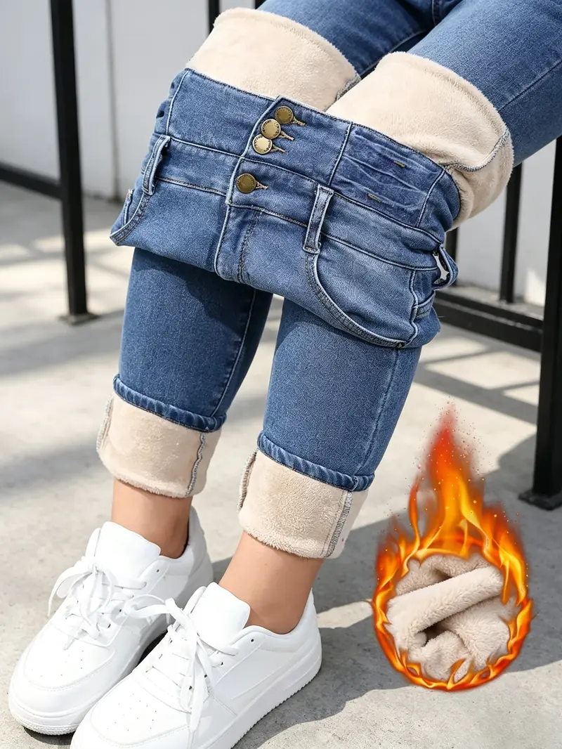 Women's Fleece-Lined High-Waisted Slim-Fit Denim Bottoms - Plus Sizes