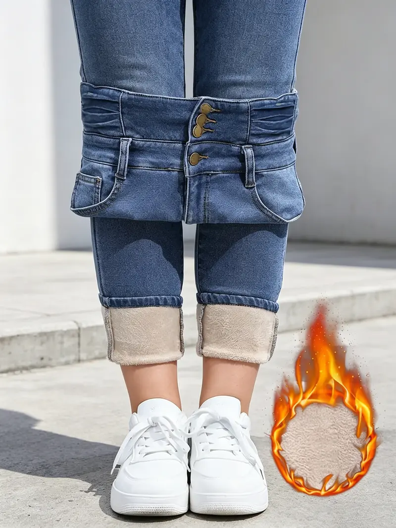 Women's Fleece-Lined High-Waisted Slim-Fit Denim Bottoms - Plus Sizes