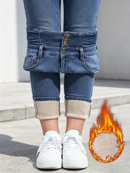 Women's Fleece-Lined High-Waisted Slim-Fit Denim Bottoms - Plus Sizes