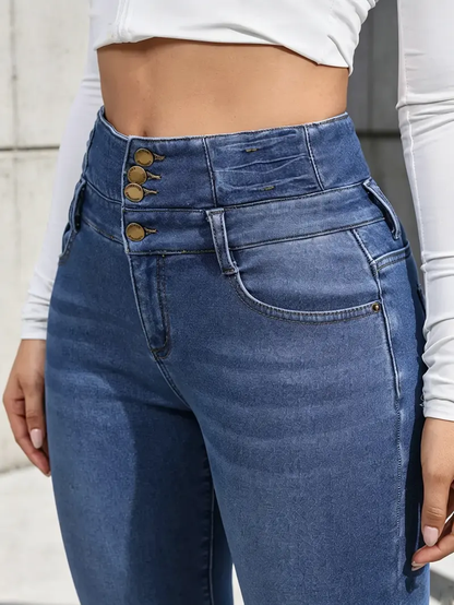 Women's Fleece-Lined High-Waisted Slim-Fit Denim Bottoms - Plus Sizes