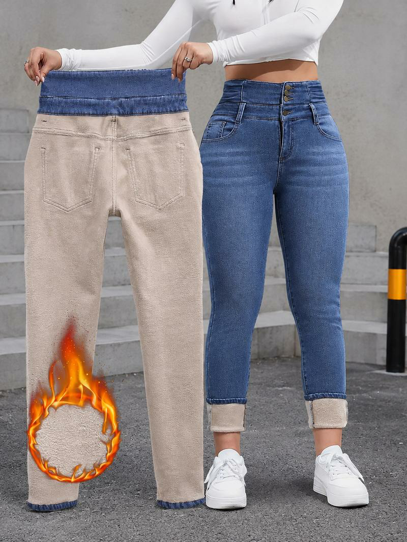 Women's Fleece-Lined High-Waisted Slim-Fit Denim Bottoms - Plus Sizes
