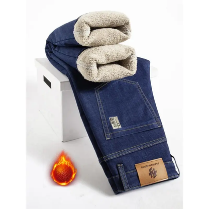 Men's Loose-Fitting Denim-Look Thermal Fleece-Lined Cotton Straight Leg Jeans