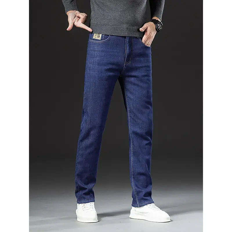 Men's blue straight-leg fleece-lined jeans front view
