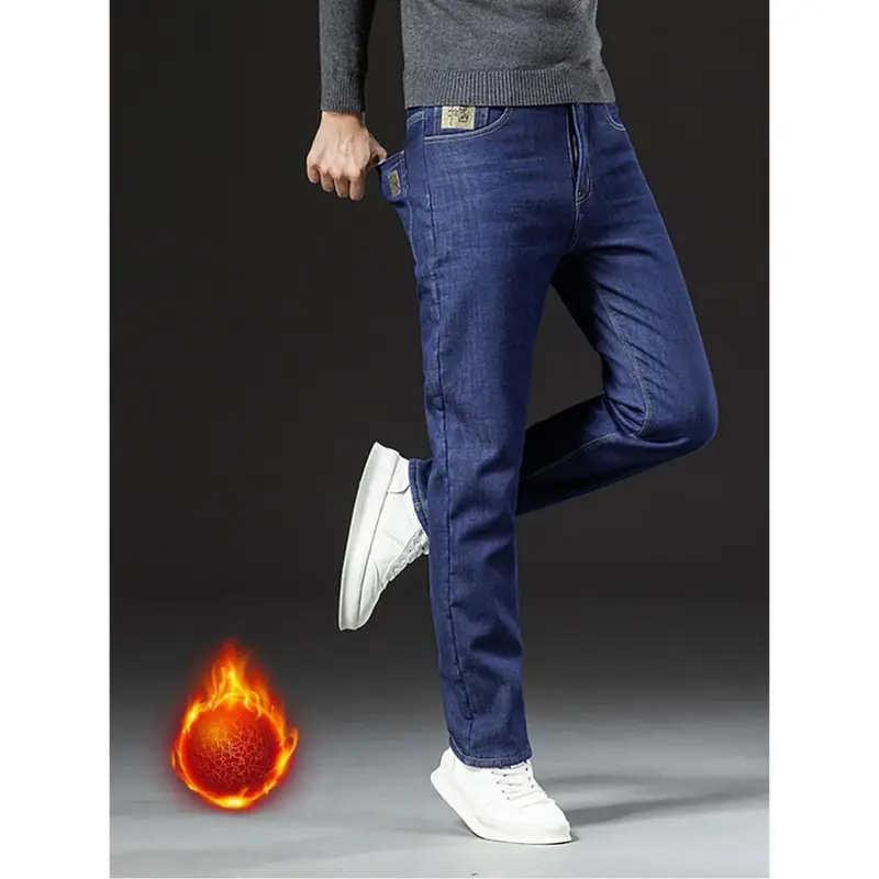 Men's Loose-Fitting Denim-Look Thermal Fleece-Lined Cotton Straight Leg Jeans