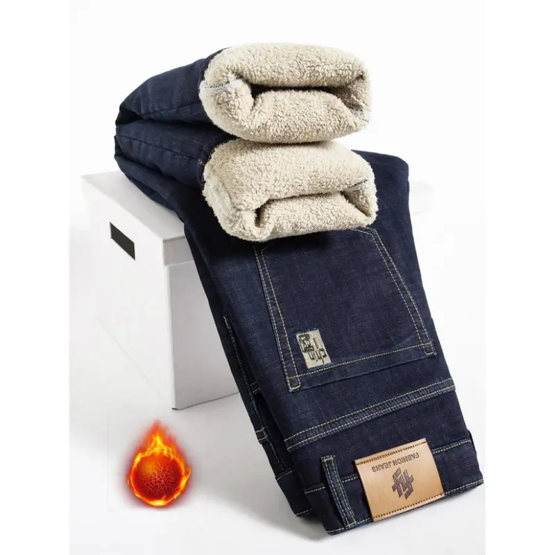 Men's Loose-Fitting Denim-Look Thermal Fleece-Lined Cotton Straight Leg Jeans