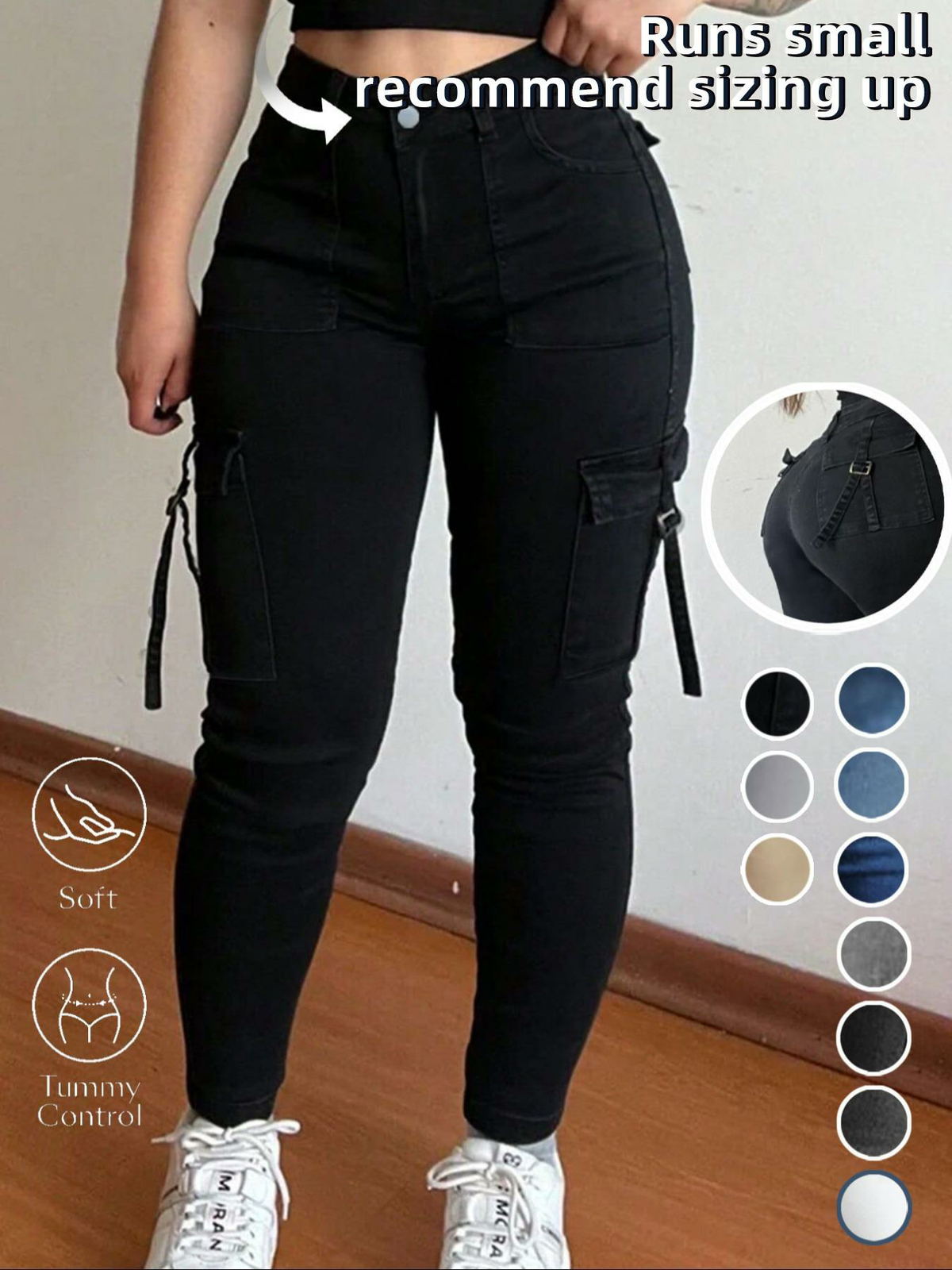 Women's Plain Tight Fit Pocket Multi-pocket Denim Elastic Slim Fit Button Cargo Pant