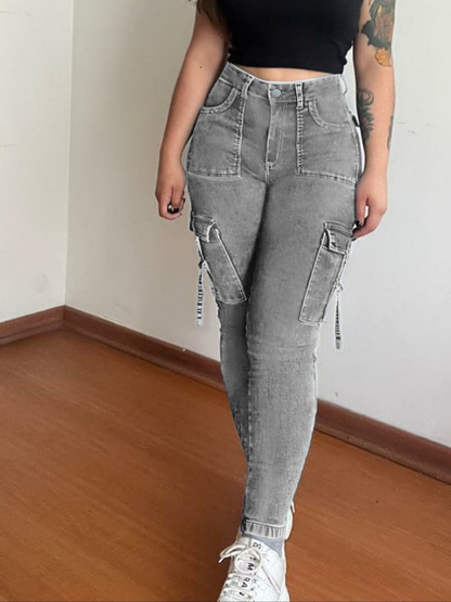 Women's Plain Tight Fit Pocket Multi-pocket Denim Elastic Slim Fit Button Cargo Pant