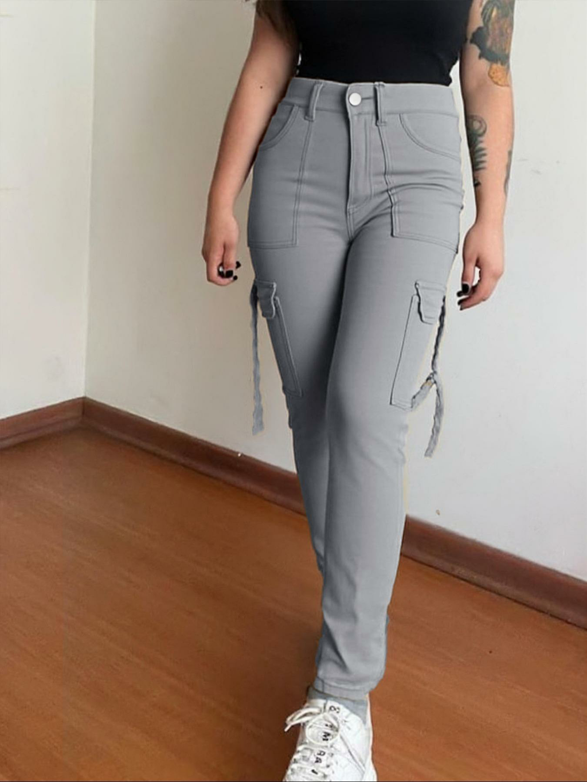 Women's Plain Tight Fit Pocket Multi-pocket Denim Elastic Slim Fit Button Cargo Pant