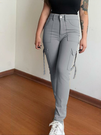 Women's Plain Tight Fit Pocket Multi-pocket Denim Elastic Slim Fit Button Cargo Pant