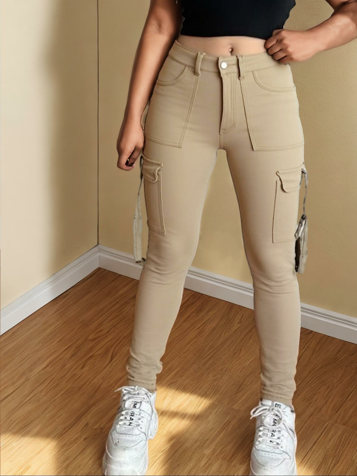 Women's Plain Tight Fit Pocket Multi-pocket Denim Elastic Slim Fit Button Cargo Pant