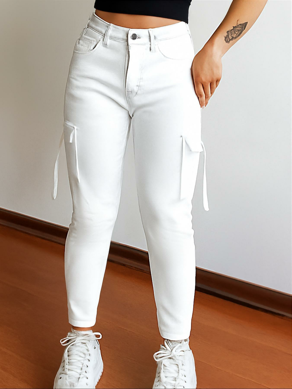 Women's Plain Tight Fit Pocket Multi-pocket Denim Elastic Slim Fit Button Cargo Pant