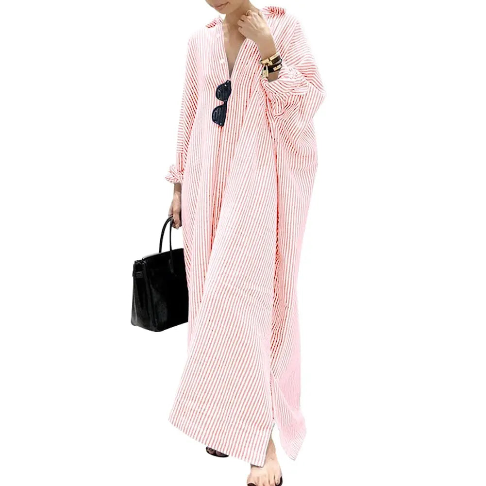 🏆 Summer sale: 80% OFF! 🔥Women's Casual Striped Cotton Maxi Shirt Dress