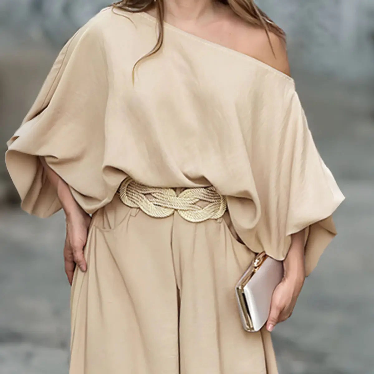 Women's Skew Neck Lantern Sleeve Top & Wide Leg Pants Set