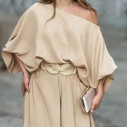 Women's Skew Neck Lantern Sleeve Top & Wide Leg Pants Set