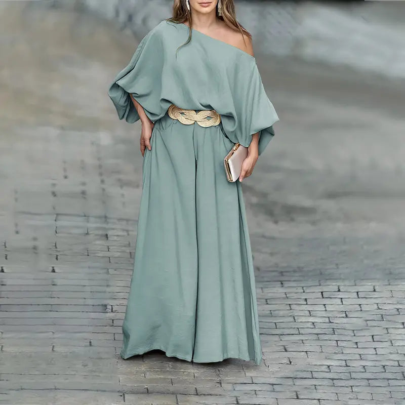 Women's Skew Neck Lantern Sleeve Top & Wide Leg Pants Set