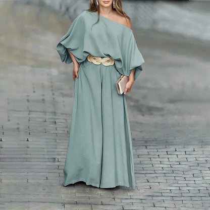 Women's Skew Neck Lantern Sleeve Top & Wide Leg Pants Set
