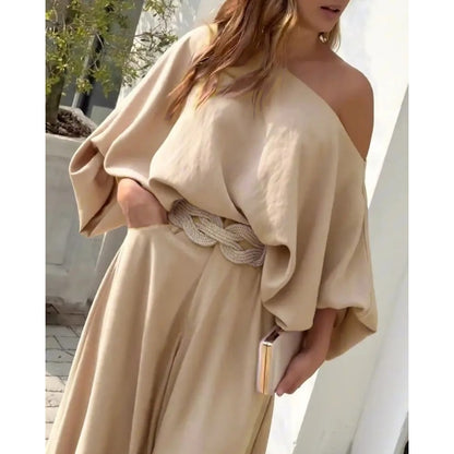 Women's Skew Neck Lantern Sleeve Top & Wide Leg Pants Set
