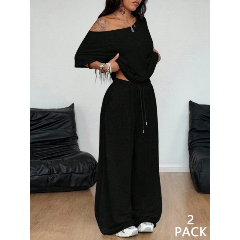 Women's Casua Off Shoulder T-Shirt & Wide Leg Pants Set