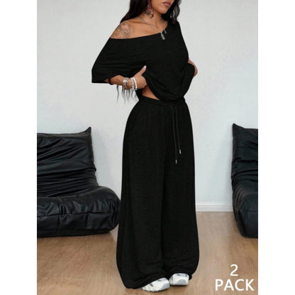 Women's Casua Off Shoulder T-Shirt & Wide Leg Pants Set