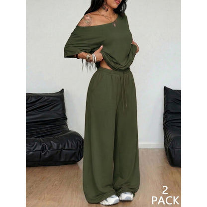 Women's Casua Off Shoulder T-Shirt & Wide Leg Pants Set