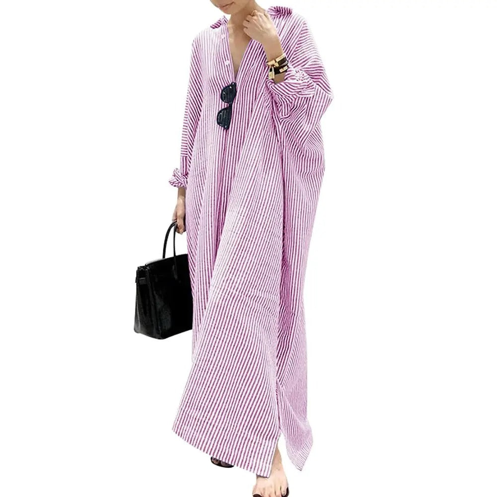 🏆 Summer sale: 80% OFF! 🔥Women's Casual Striped Cotton Maxi Shirt Dress