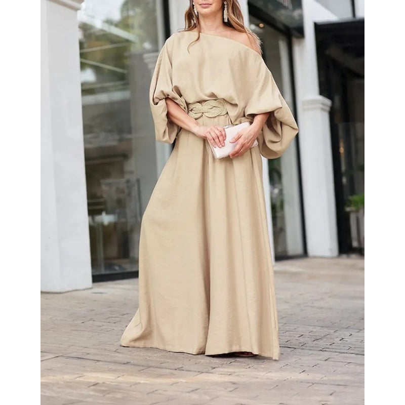 Women's Skew Neck Lantern Sleeve Top & Wide Leg Pants Set