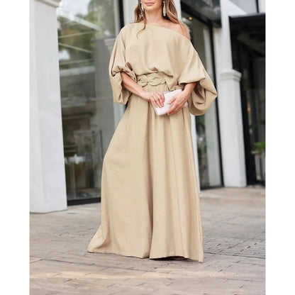 Women's Skew Neck Lantern Sleeve Top & Wide Leg Pants Set