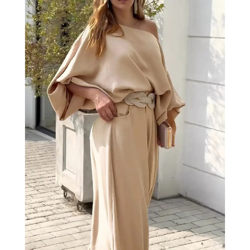 Women's Skew Neck Lantern Sleeve Top & Wide Leg Pants Set